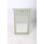 A CONTINENTAL GREY PAINTED MIRROR the rectangular bevelled glass plate with moulded frieze