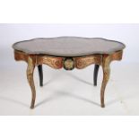 A FINE 19TH CENTURY RED BOULE AND BRASS INLAID CENTRE TABLE of serpentine outline the shaped top