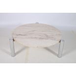 A 1960s CHROME AND MARBLE COFFEE TABLE the circular veined marble top raised on chrome cylindrical