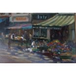 LIAM TREACY THE FLOWER SELLERS Oil on canvas Signed lower right Inscribed verso 35cm x 44cm