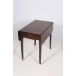 A GOOD GEORGIAN MAHOGANY DROP LEAF TABLE the rectangular hinged top with frieze drawer on square