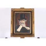 20TH CENTURY HEAD AND SHOULDER PORTRAIT OF A GENTLEMAN WEARING A TOP HAT WITH SCARF Oil on