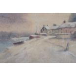 COTTAGES WITH ESTUARY AND SAILING BOATS A watercolour Signed W Leech Inscribed verso William Leech