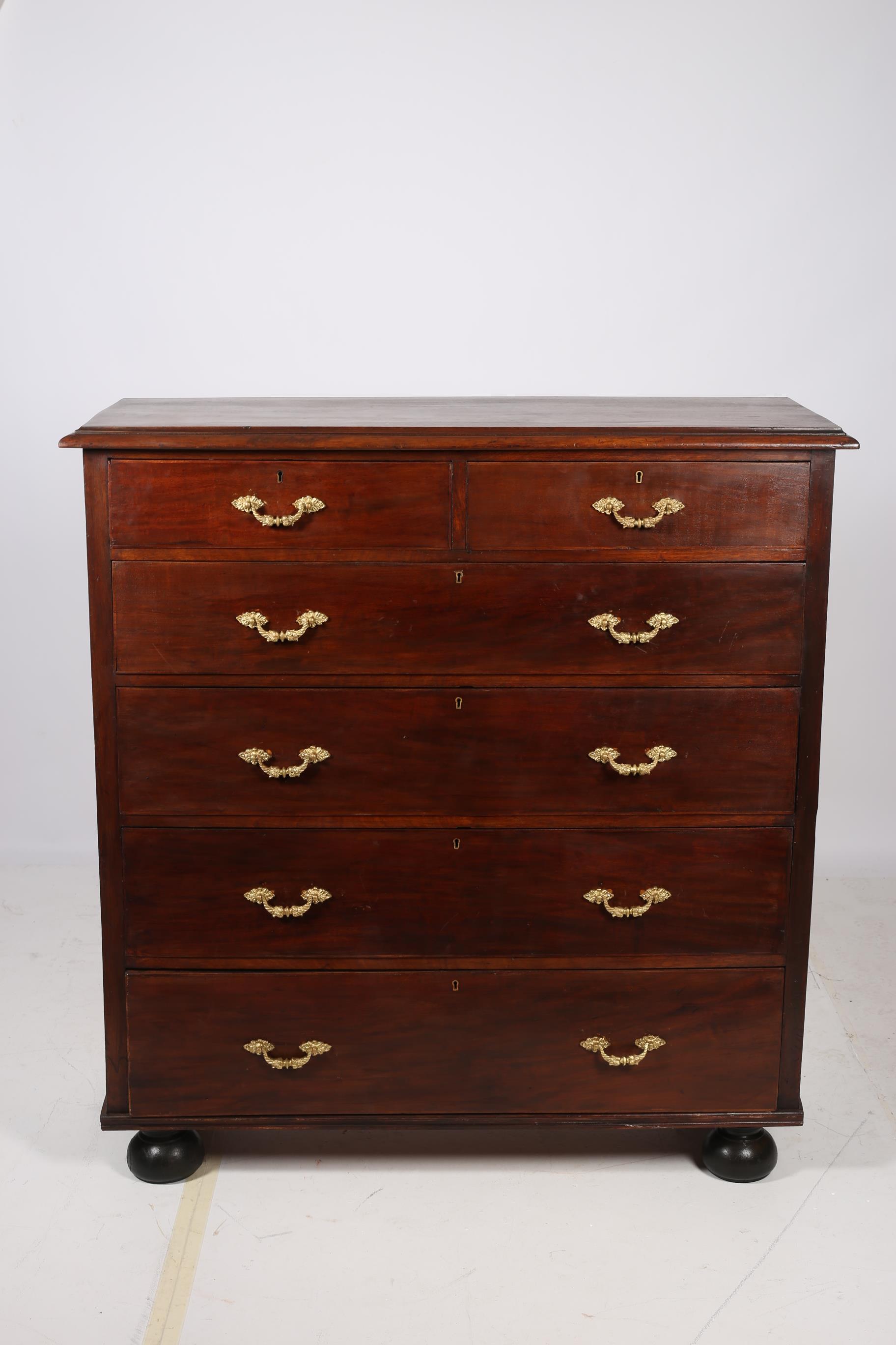 A 19TH CENTURY MAHOGANY CHEST of rectangular outline the shaped top with two short and four long