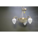 AN ART DECO DESIGN THREE BRANCH CENTRE LIGHT the frosted glass bowl with reeded circlet issuing