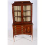 A 19TH CENTURY MAHOGANY AND SATINWOOD INLAID DISPLAY CABINET ON CHEST the moulded cornice above a