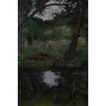 20TH CENTURY WOODED LANDSCAPE WITH FIGURES AND POND Oil on board 33cm x 28cm