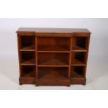 A GOOD GEORGIAN DESIGN BUR WALNUT OPEN FRONT BOOKCASE of breakfront outline the shaped top above