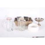 A MISCELLANEOUS COLLECTION to include glazed lidded jars with taps together with a plated comport