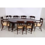 A REGENCY MAHOGANY NINE PIECE DINING ROOM SUITE comprising eight chairs including a pair of elbow