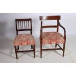 TWO GEORGIAN MAHOGANY SIDE CHAIRS comprising elbow chair and single chair on square tapering legs
