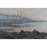 IRISH SCHOOL 20TH CENTURY ROCKY SEASHORE WITH DUN LAOIRE TOWN IN FOREGROUND Oil on canvas Signed