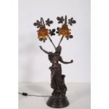 A COMPOSITION FIGURAL TWO BRANCH TABLE LAMP modelled as a young female shown standing with out