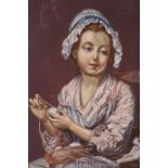 FRAMED NEEDLEWORK depicting a young girl shown knitting with a cat by her side 65cm x 45cm