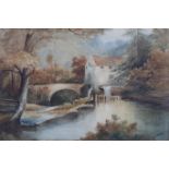 A W FRANK ENGLISH SCHOOL 19TH CENTURY RIVERSCAPE WITH COTTAGE AND MILL A watercolour Signed lower