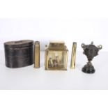 A BRASS TWO LIGHT WALL MOUNTED LANTERN together with two brass shells and lidded urn with mask