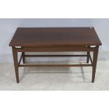 A RETRO TEAK COFFEE TABLE of rectangular outline on square tapering legs 49cm (h) x 88cm (w) x 43cm