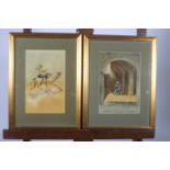 EASTERN SCHOOL FIGURE ON A CAMEL FIGURE IN A TEMPLE Watercolours A pair 24cm x 16cm together with