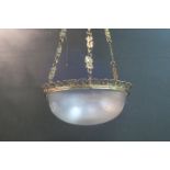 A 19TH CENTURY FROSTED AND ENGRAVED GLASS CENTRE LIGHT with dome shade etched with ribbon tied