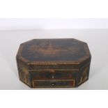 A REGENCY WORK BOX of rectangular outline with canted angles the hinged lid inlaid with Chinese