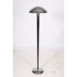 A RETRO CHROME AND BLACK METAL FLOOR STANDARD LAMP the mushroom shade above a cylindrical tapering