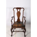 A GOOD 19TH CENTURY GEORGIAN DESIGN MAHOGANY LIBRARY CHAIR the scroll top rail above a solid vase