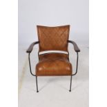 A RETRO HIDE UPHOLSTERED HARDWOOD AND METAL ELBOW CHAIR with a panelled upholstered back and seat