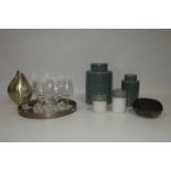 A MISCELLANEOUS COLLECTION to include four lidded jars twelve wine glasses serving tray etc etc