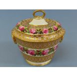 Derby c. 1796-1800 oval sucrier and cover with pink roses and heavily gilded on salmon ground with