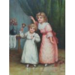 W. Herder, Two young girls, one ringing a hand bell, Oil on board, Signed, 41 x 30 cm