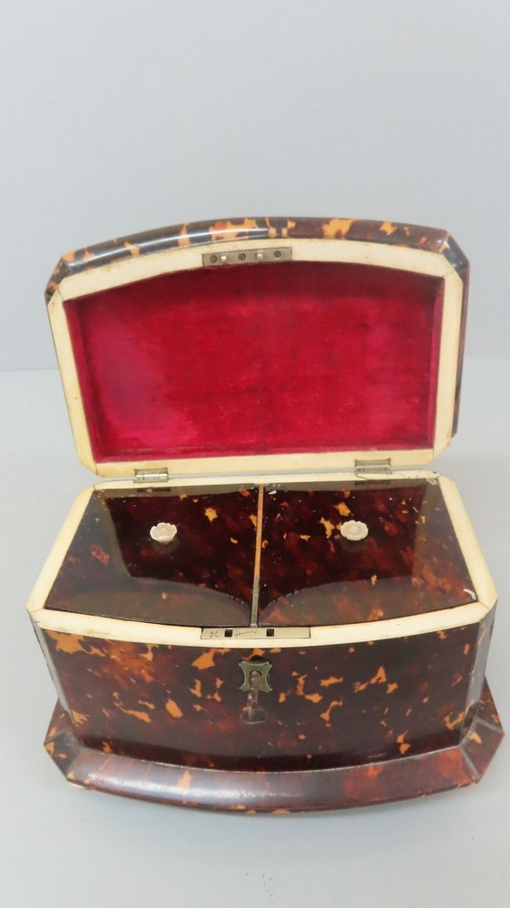 Victorian tortoiseshell sarcophagus shaped tea caddy with pewter stringing, two zinc lined - Image 6 of 8