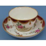 Chelsea c 1765-70. tea bowl and saucer, pine cone moulded with translucent claret drapes with gold