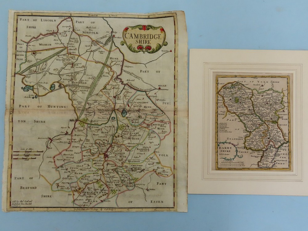 Robert Morden 1695, Cambridgeshire, scale 5 miles = 6.2 cm, coloured and unframed, together with