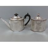 GIII Sheffield plate octagonal fluted tea pot with matching tea caddy