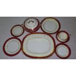 Aynsley dinner service for twelve persons, pattern 8013, maroon with gilt borders