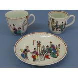Worcester c 1770. Table pattern coffee cup and saucer each decorated with black table pattern with
