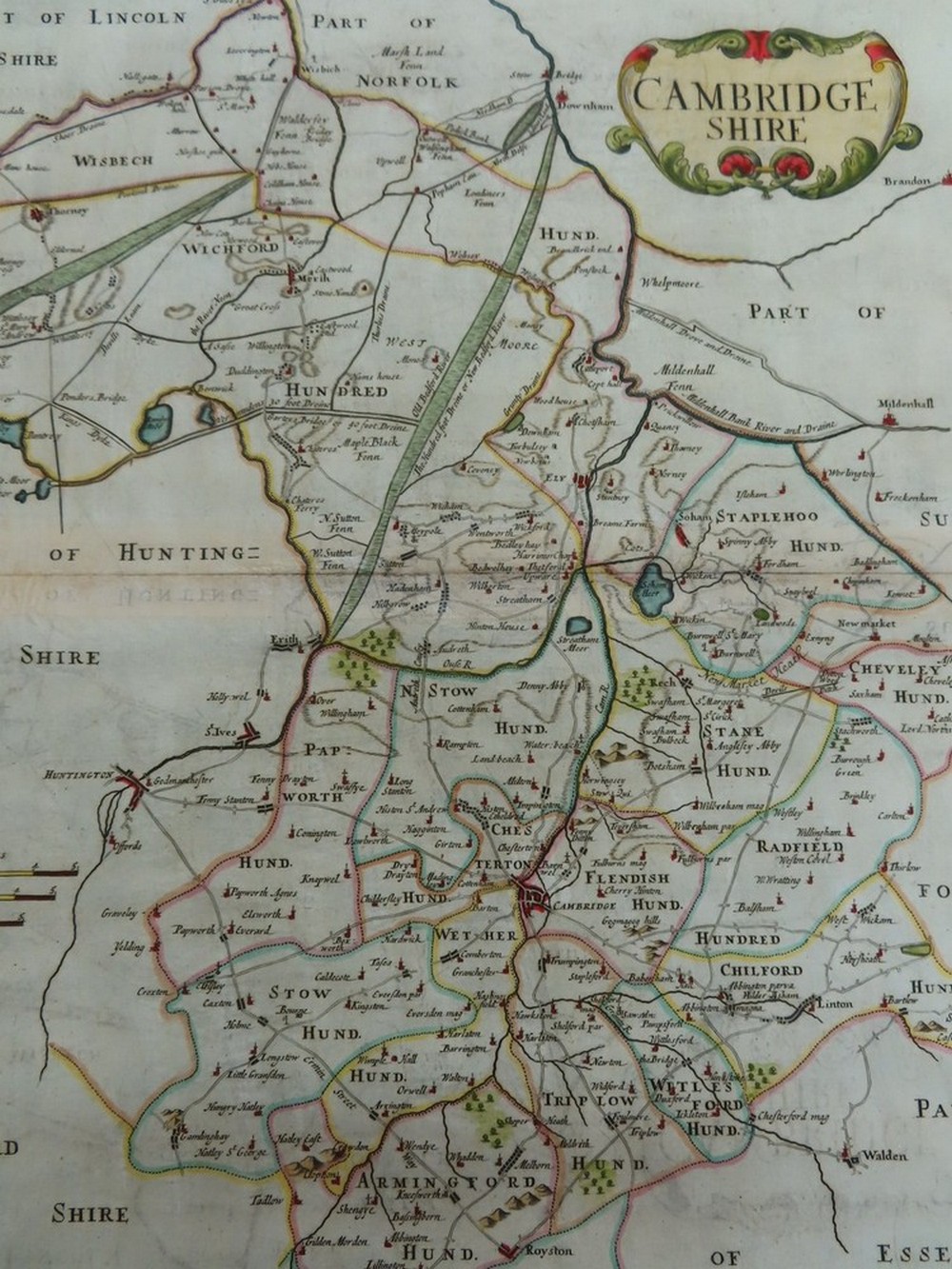 Robert Morden 1695, Cambridgeshire, scale 5 miles = 6.2 cm, coloured and unframed, together with - Image 3 of 4