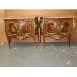 Pair of 20thC French Vernis Martin style marble topped bombe shaped commodes with brass mounts and