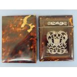 Two Victorian tortoiseshell card cases - 1) Top opener inlaid with silver decoration. 2) Book opener