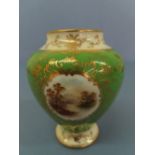Coalport c1918 vase with ovoid body on circular foot with green and gilt decoration to body and view
