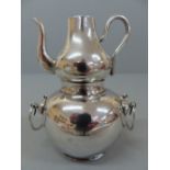 Chinese silver liqueur warmer in two parts with swing handles to base section and pouring section