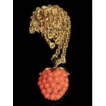 9ct gold link chain with bark decoration with a pink coral berry pendant - total 6.5 g