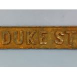 Victorian cast iron street sign, "DUKE ST." length 60 cm