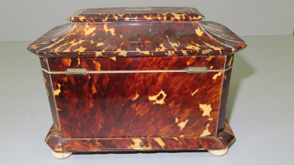 Victorian tortoiseshell sarcophagus shaped tea caddy with pewter stringing, two zinc lined - Image 2 of 8