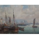 John Ernest Aitken (1881 - 1957) British, Busy Dutch harbour, Watercolour, Signed, 36 x 50 cm