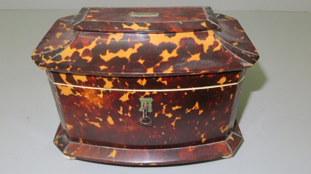 Victorian tortoiseshell sarcophagus shaped tea caddy with pewter stringing, two zinc lined