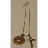 9ct gold medallion and cross inset with diamonds on a gold plated chain. Weight of cross and