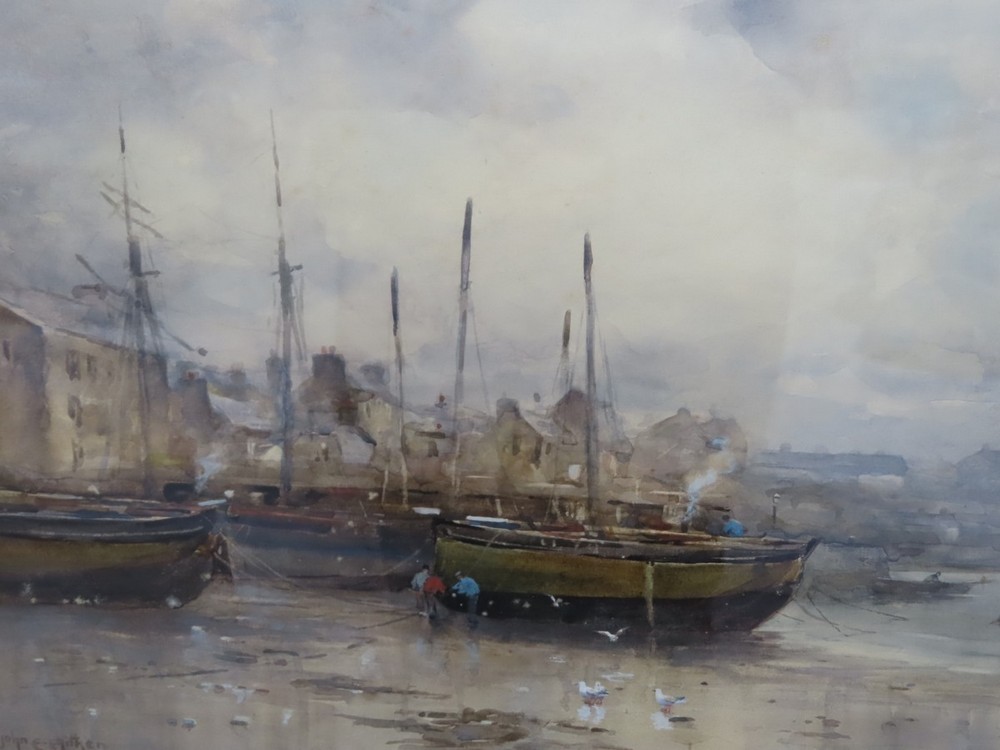 John Ernest Aitken (1881 - 1957) British, Port St. Mary, low tide, Watercolour, Signed, 34 x 49 cm