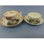 Ridgeway c 1815 tea cup and saucer with gilded borders and a transfer print of cows in black and