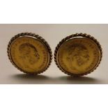 Pair of ear clips with Austro-Hungarian ducat gold coins, 1915, having 14K gold surrounds. Total